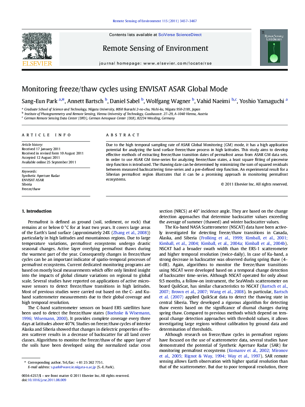 Monitoring freeze/thaw cycles using ENVISAT ASAR Global Mode