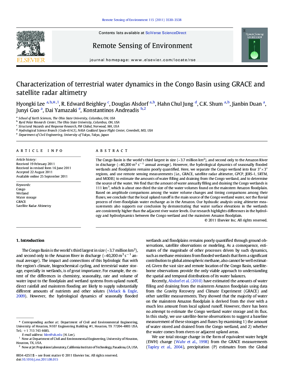 Characterization of terrestrial water dynamics in the Congo Basin using GRACE and satellite radar altimetry