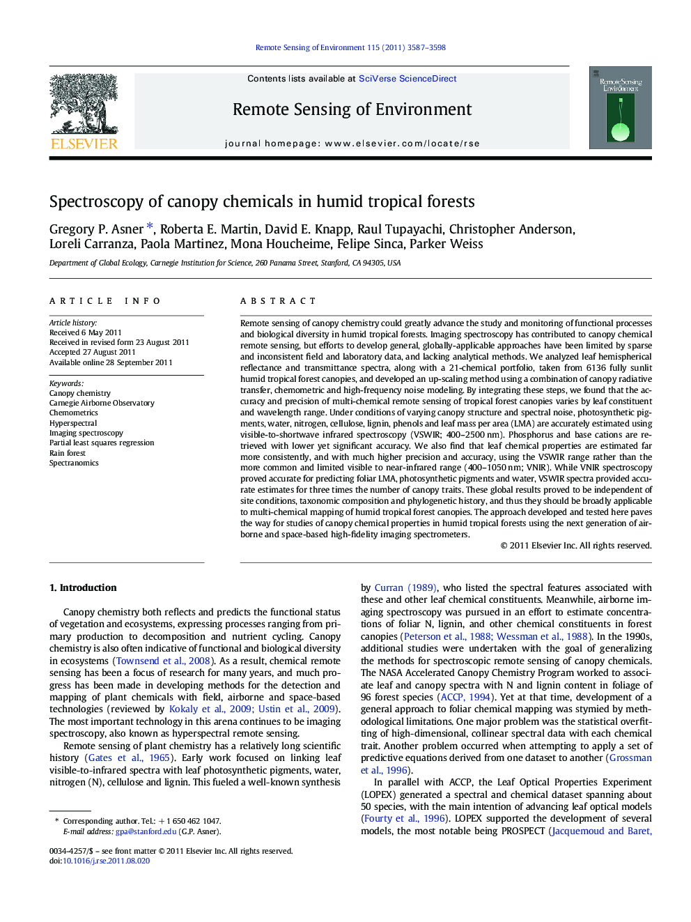 Spectroscopy of canopy chemicals in humid tropical forests