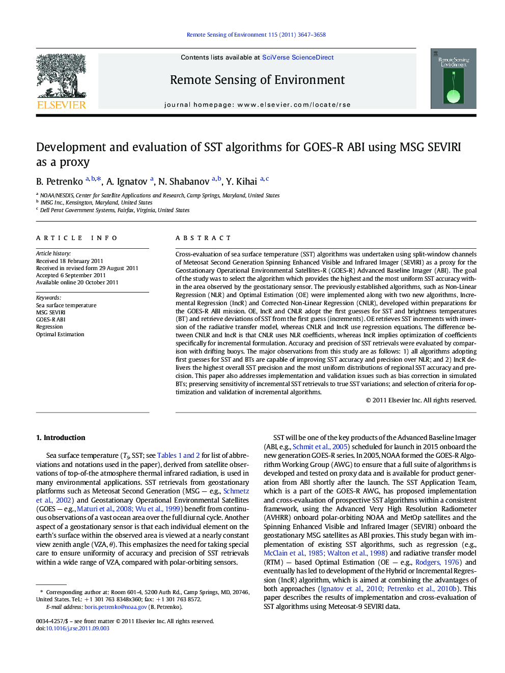 Development and evaluation of SST algorithms for GOES-R ABI using MSG SEVIRI as a proxy