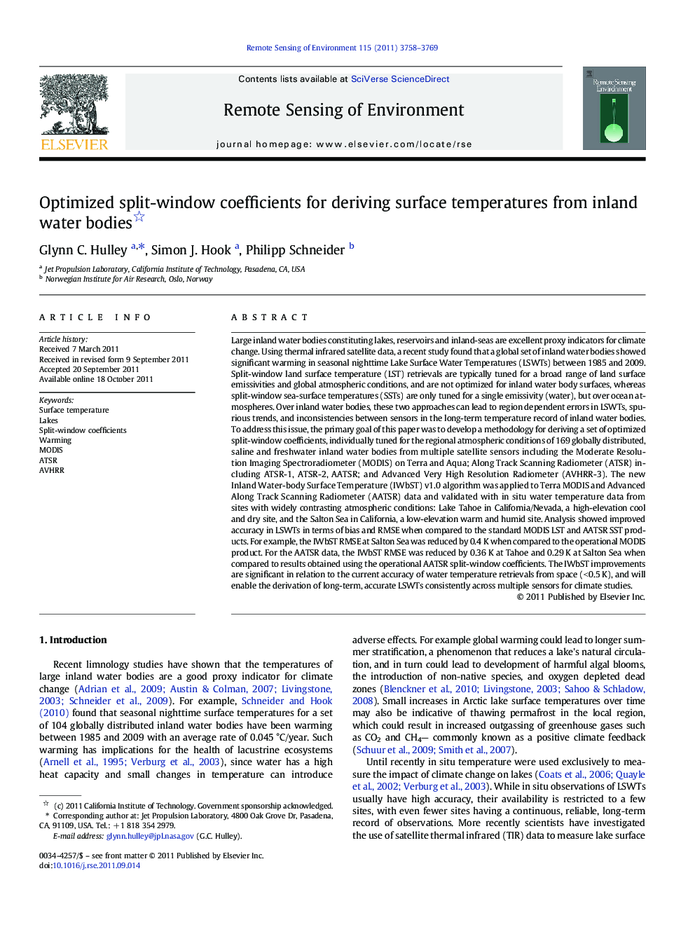 Optimized split-window coefficients for deriving surface temperatures from inland water bodies 