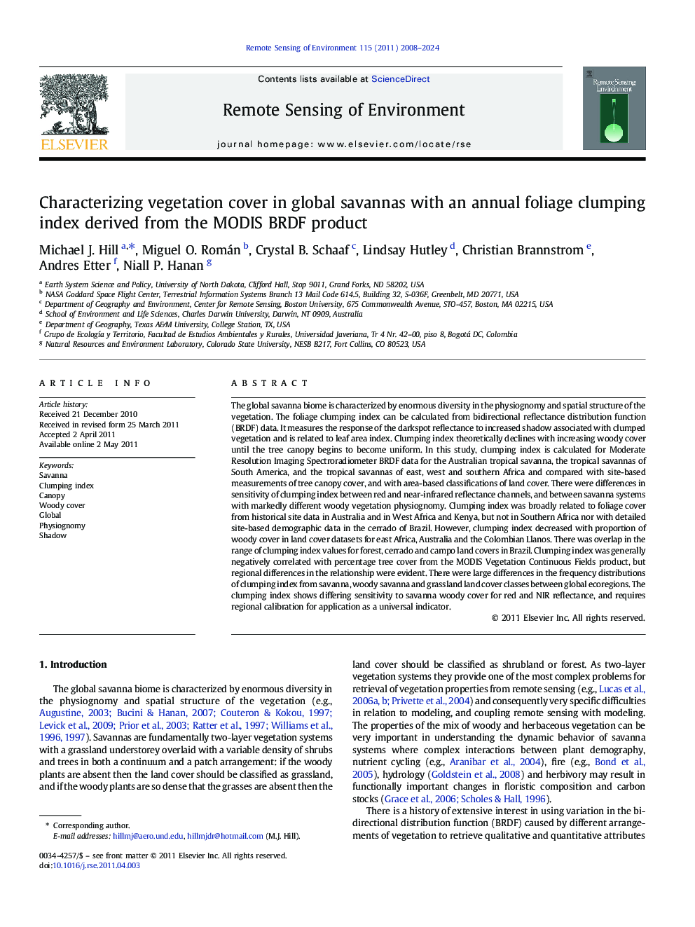 Characterizing vegetation cover in global savannas with an annual foliage clumping index derived from the MODIS BRDF product