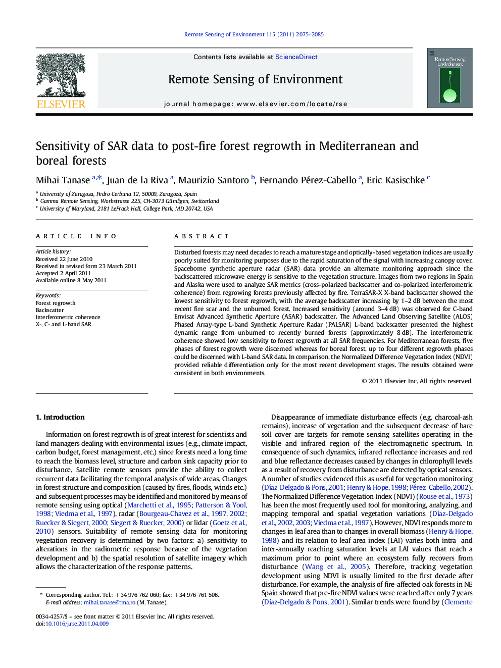 Sensitivity of SAR data to post-fire forest regrowth in Mediterranean and boreal forests