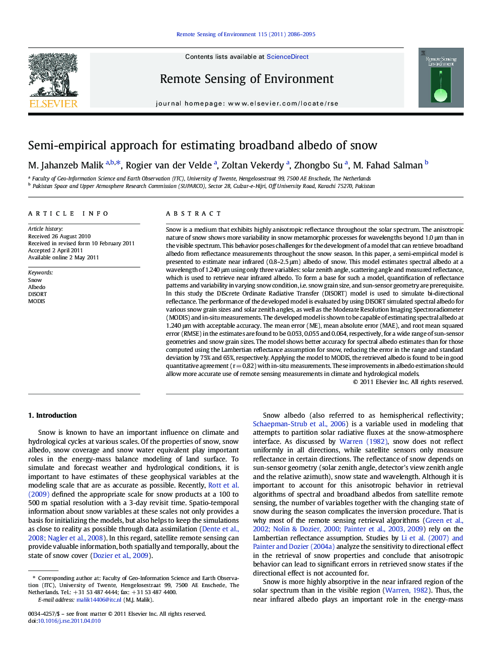 Semi-empirical approach for estimating broadband albedo of snow