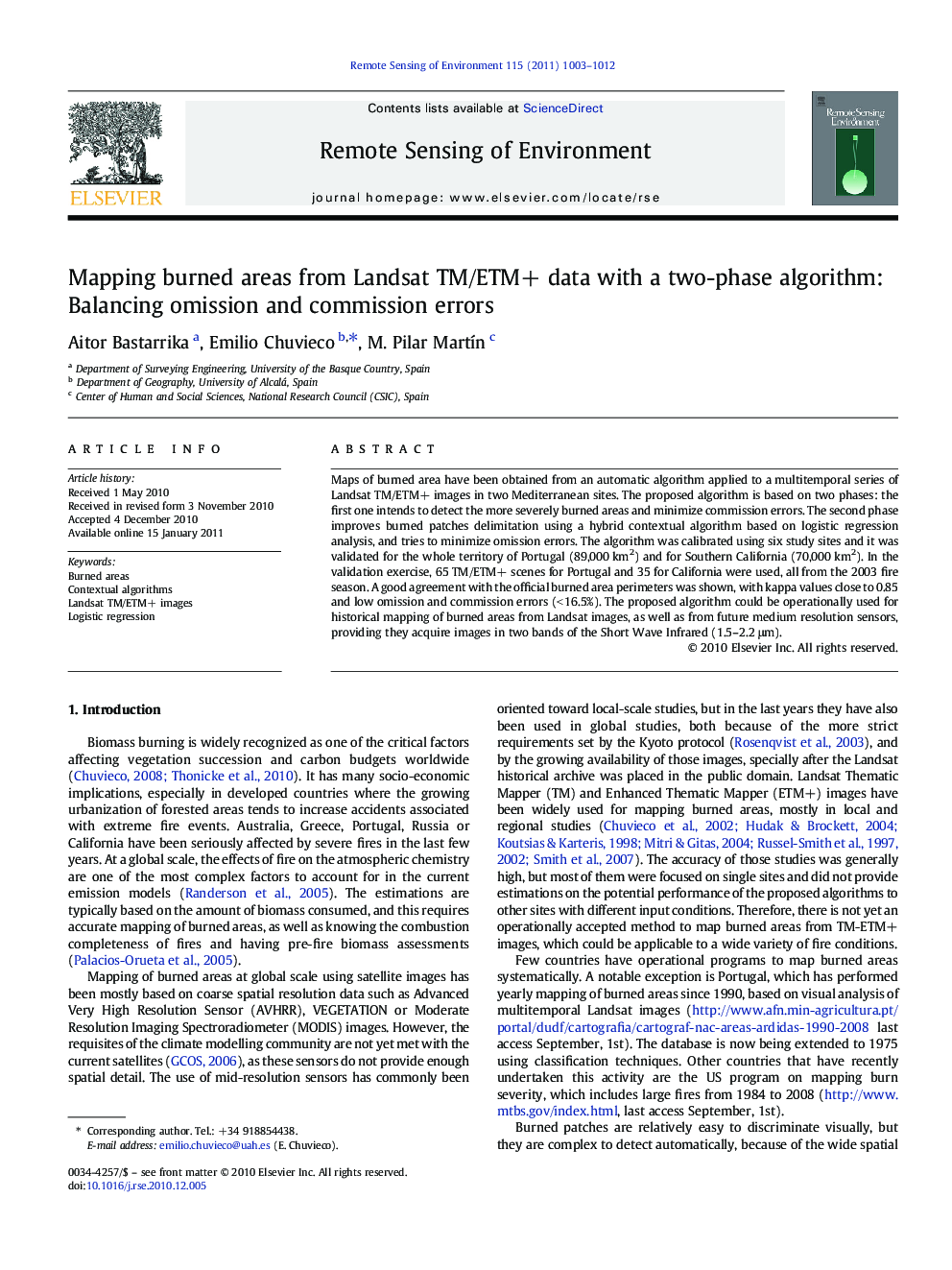 Mapping burned areas from Landsat TM/ETM+ data with a two-phase algorithm: Balancing omission and commission errors