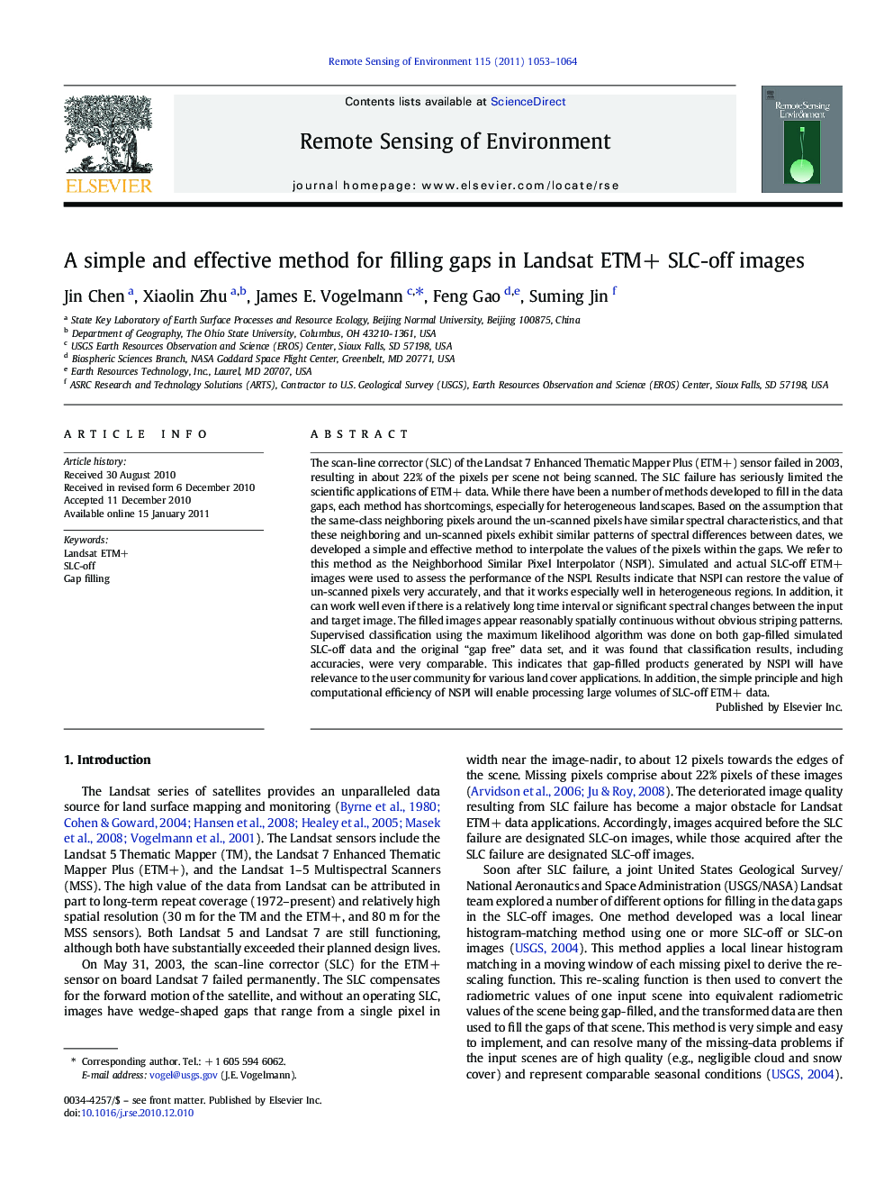 A simple and effective method for filling gaps in Landsat ETM+ SLC-off images