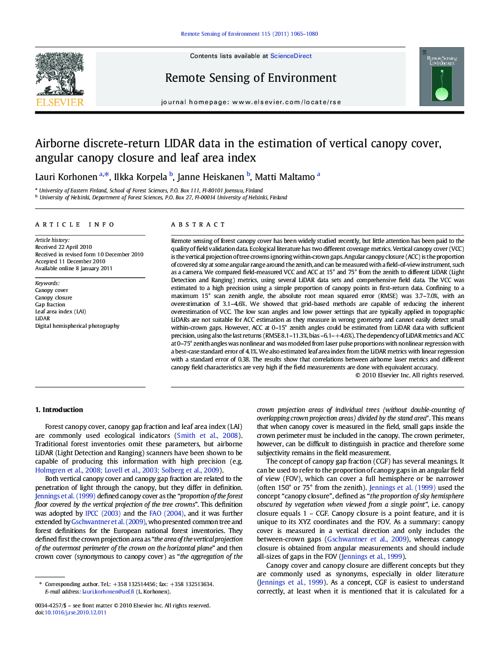 Airborne discrete-return LIDAR data in the estimation of vertical canopy cover, angular canopy closure and leaf area index