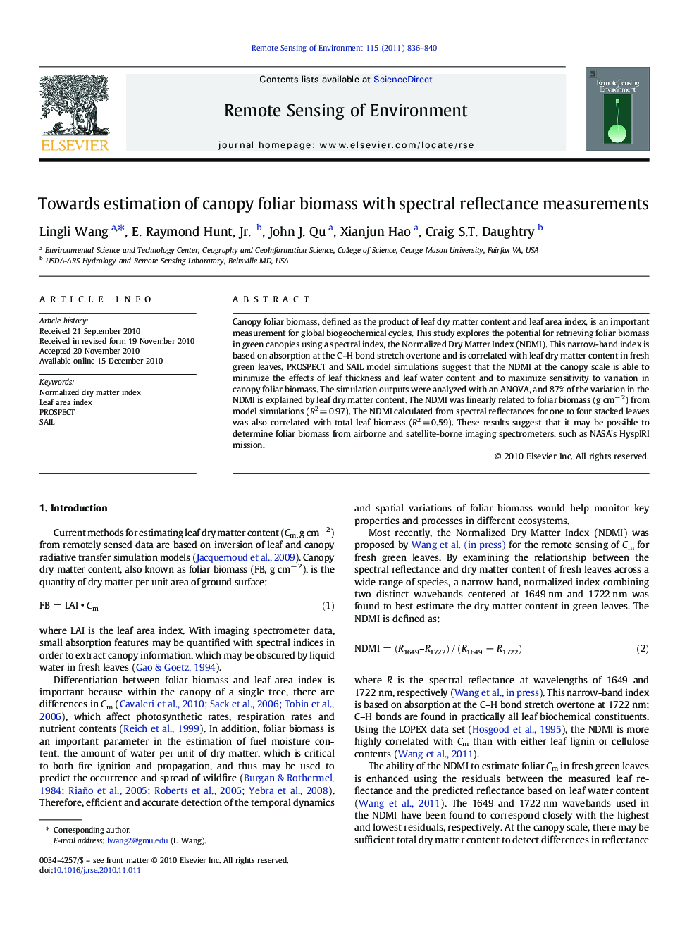 Towards estimation of canopy foliar biomass with spectral reflectance measurements