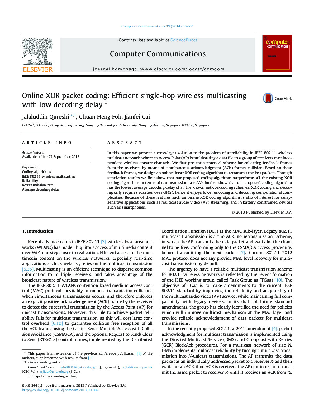 Online XOR packet coding: Efficient single-hop wireless multicasting with low decoding delay 