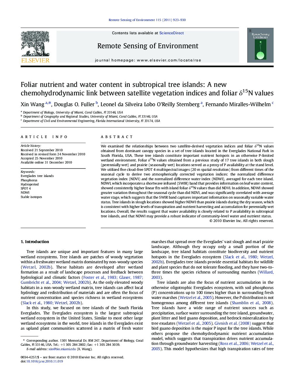 Foliar nutrient and water content in subtropical tree islands: A new chemohydrodynamic link between satellite vegetation indices and foliar δ15N values