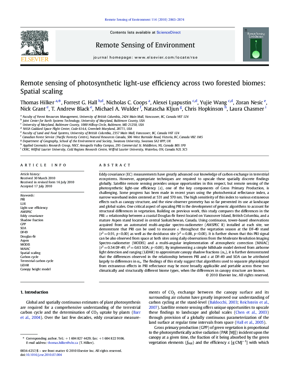 Remote sensing of photosynthetic light-use efficiency across two forested biomes: Spatial scaling