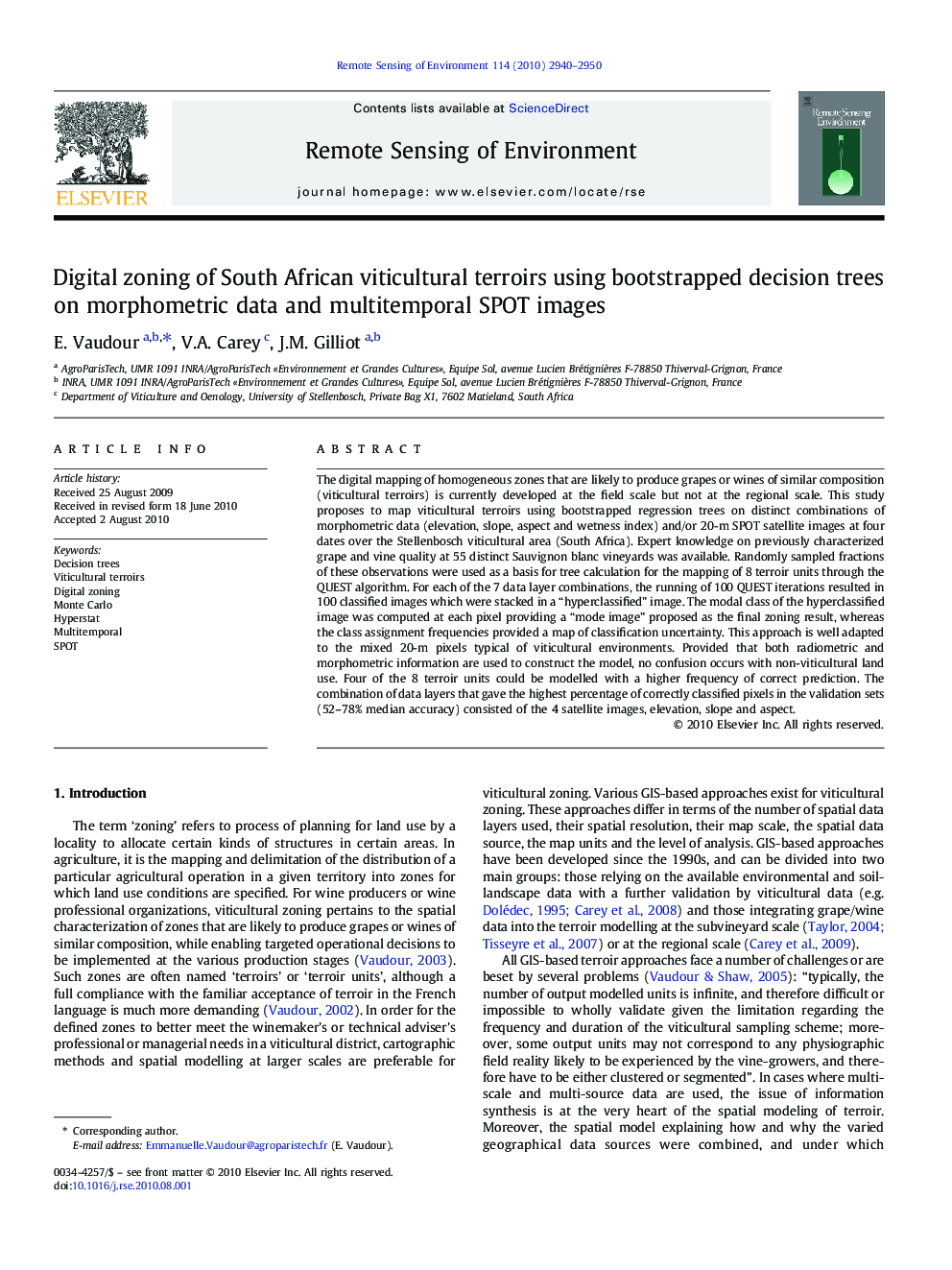 Digital zoning of South African viticultural terroirs using bootstrapped decision trees on morphometric data and multitemporal SPOT images