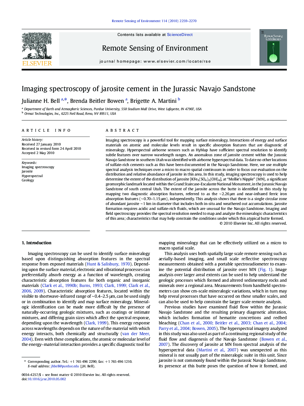 Imaging spectroscopy of jarosite cement in the Jurassic Navajo Sandstone