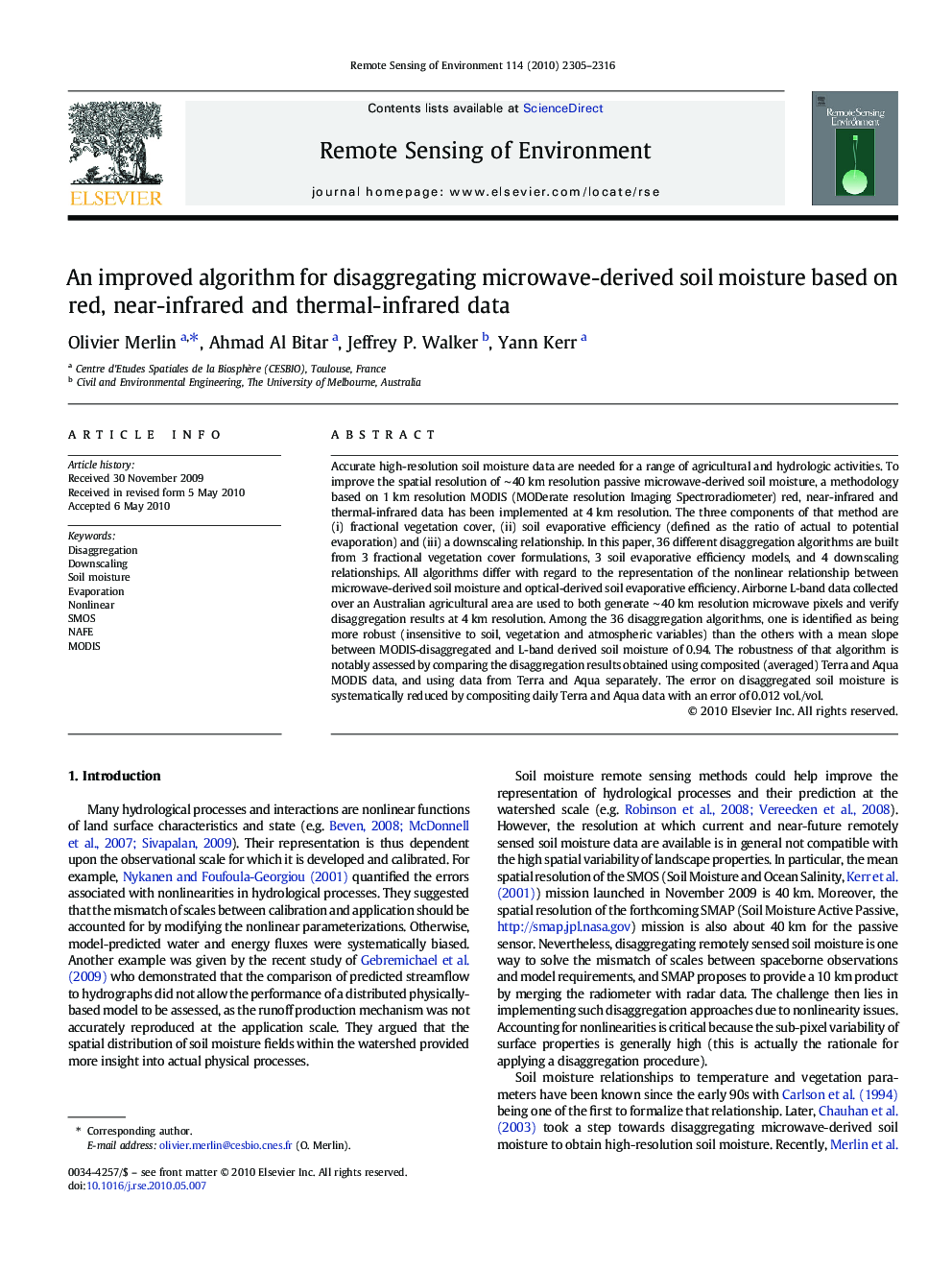 An improved algorithm for disaggregating microwave-derived soil moisture based on red, near-infrared and thermal-infrared data