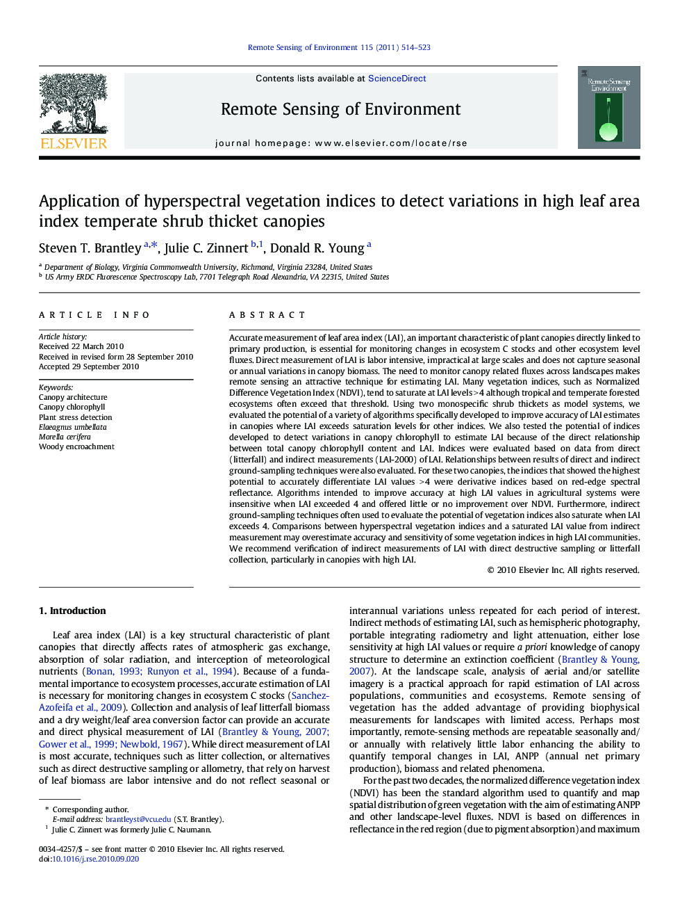 Application of hyperspectral vegetation indices to detect variations in high leaf area index temperate shrub thicket canopies