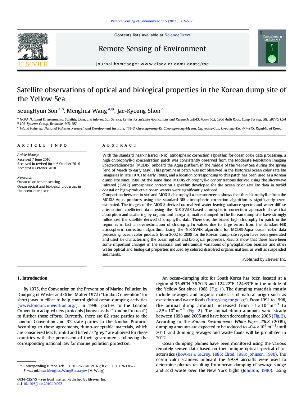 Satellite observations of optical and biological properties in the Korean dump site of the Yellow Sea