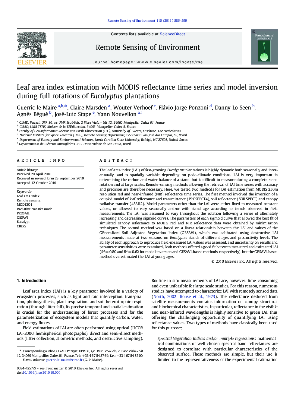 Leaf area index estimation with MODIS reflectance time series and model inversion during full rotations of Eucalyptus plantations