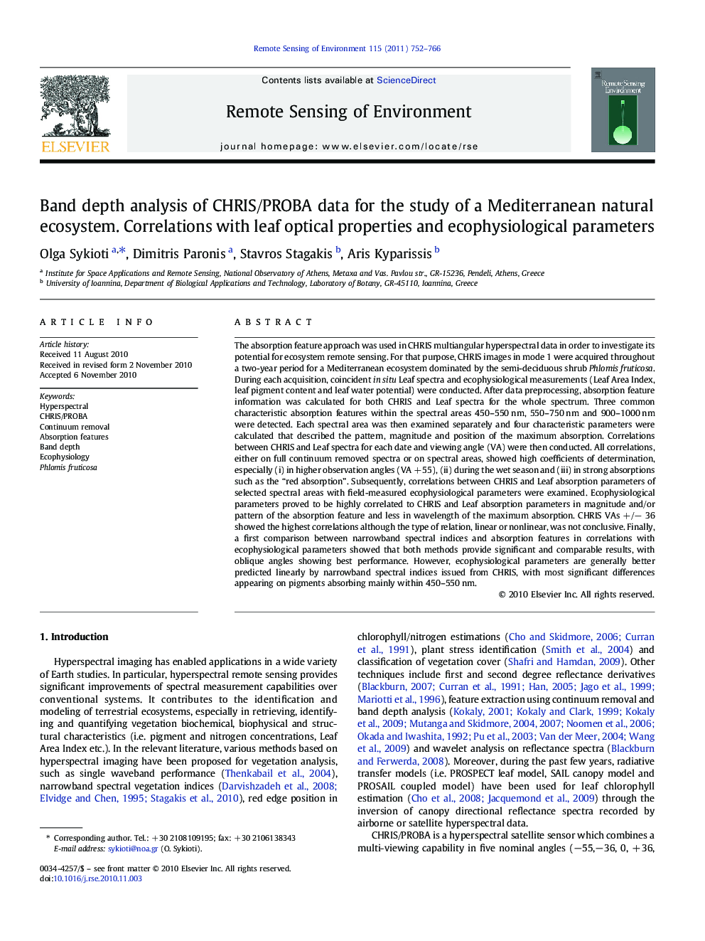 Band depth analysis of CHRIS/PROBA data for the study of a Mediterranean natural ecosystem. Correlations with leaf optical properties and ecophysiological parameters