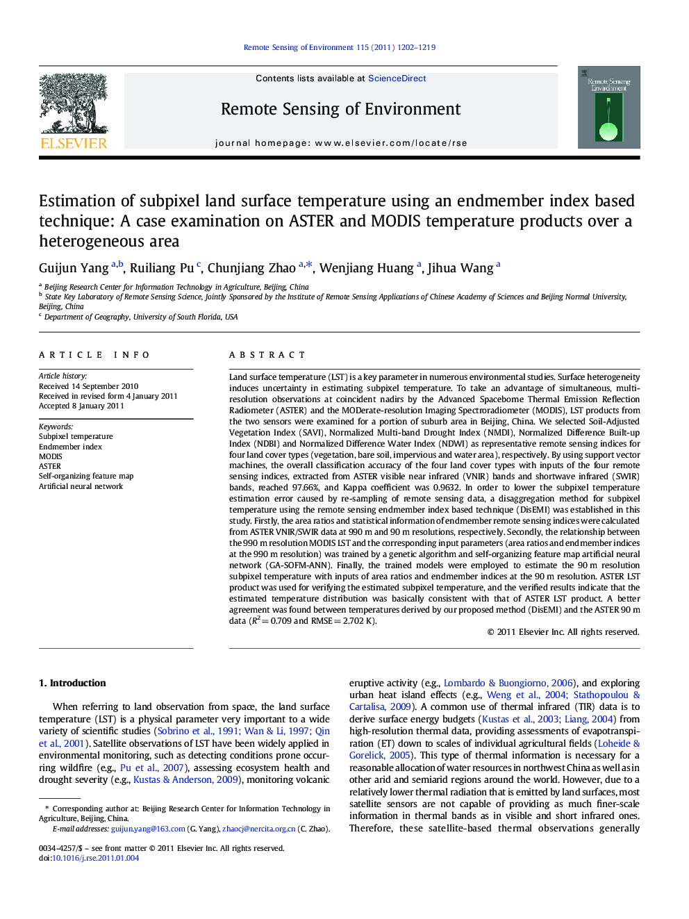 Estimation of subpixel land surface temperature using an endmember index based technique: A case examination on ASTER and MODIS temperature products over a heterogeneous area