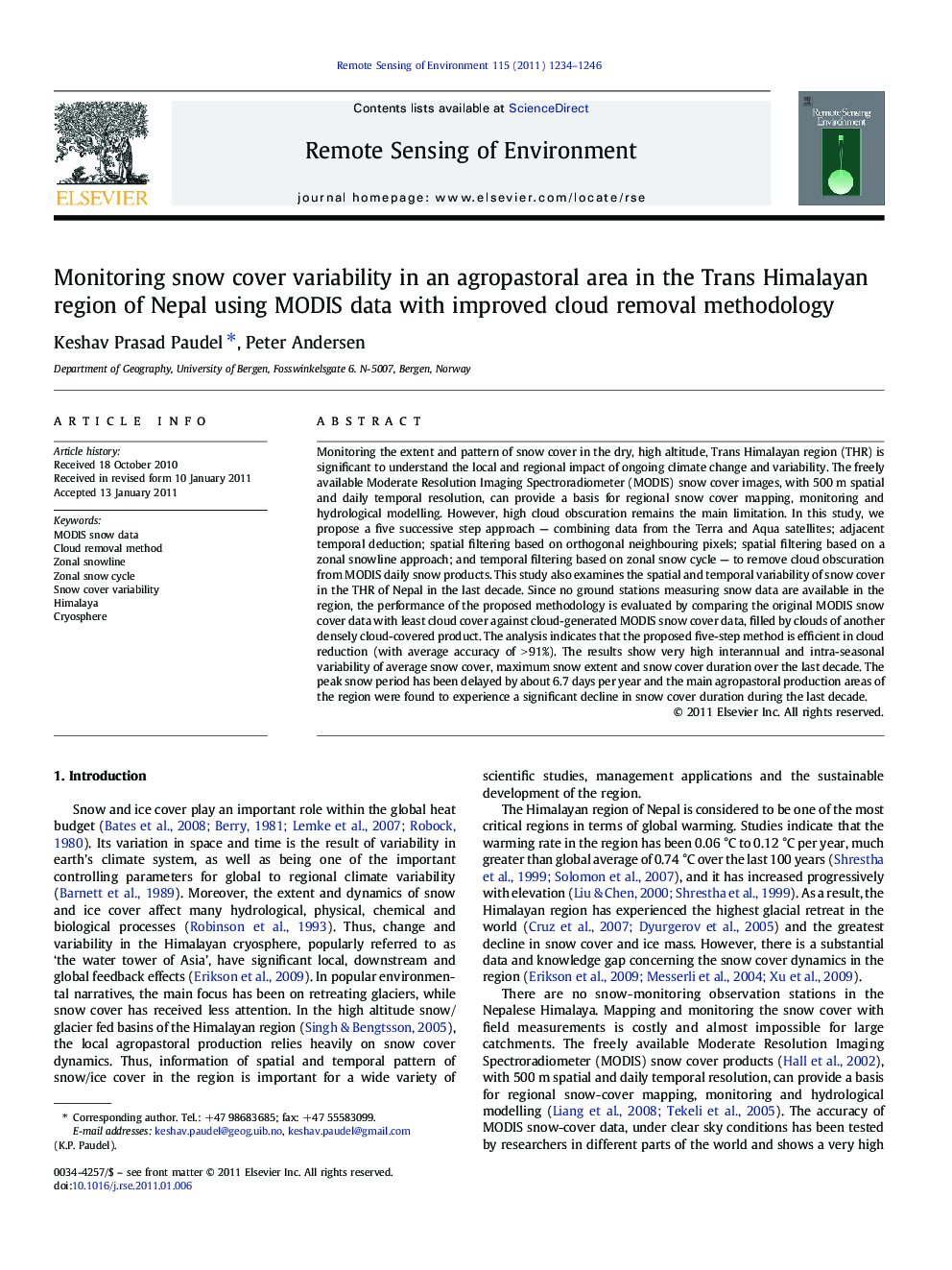 Monitoring snow cover variability in an agropastoral area in the Trans Himalayan region of Nepal using MODIS data with improved cloud removal methodology