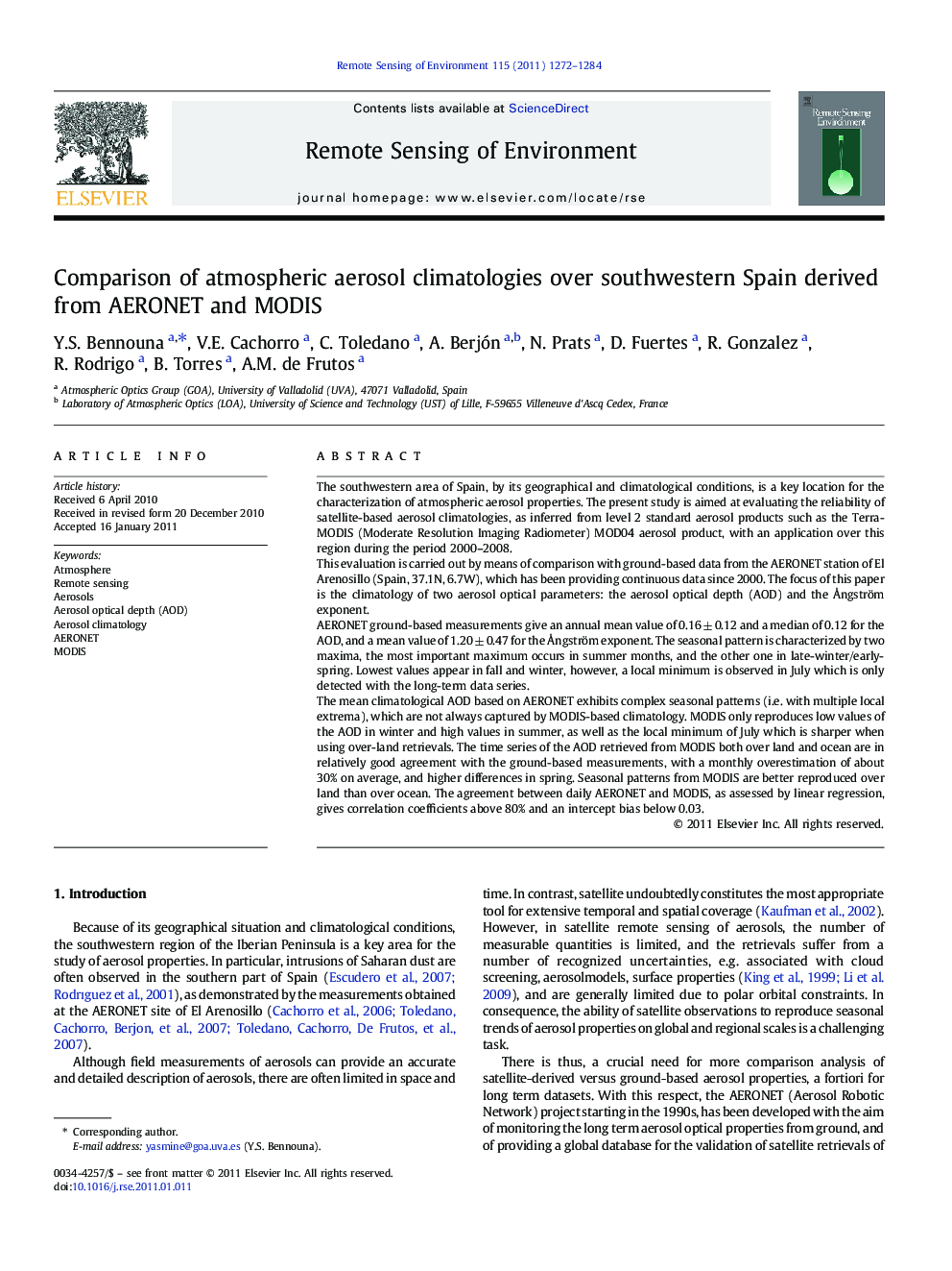 Comparison of atmospheric aerosol climatologies over southwestern Spain derived from AERONET and MODIS