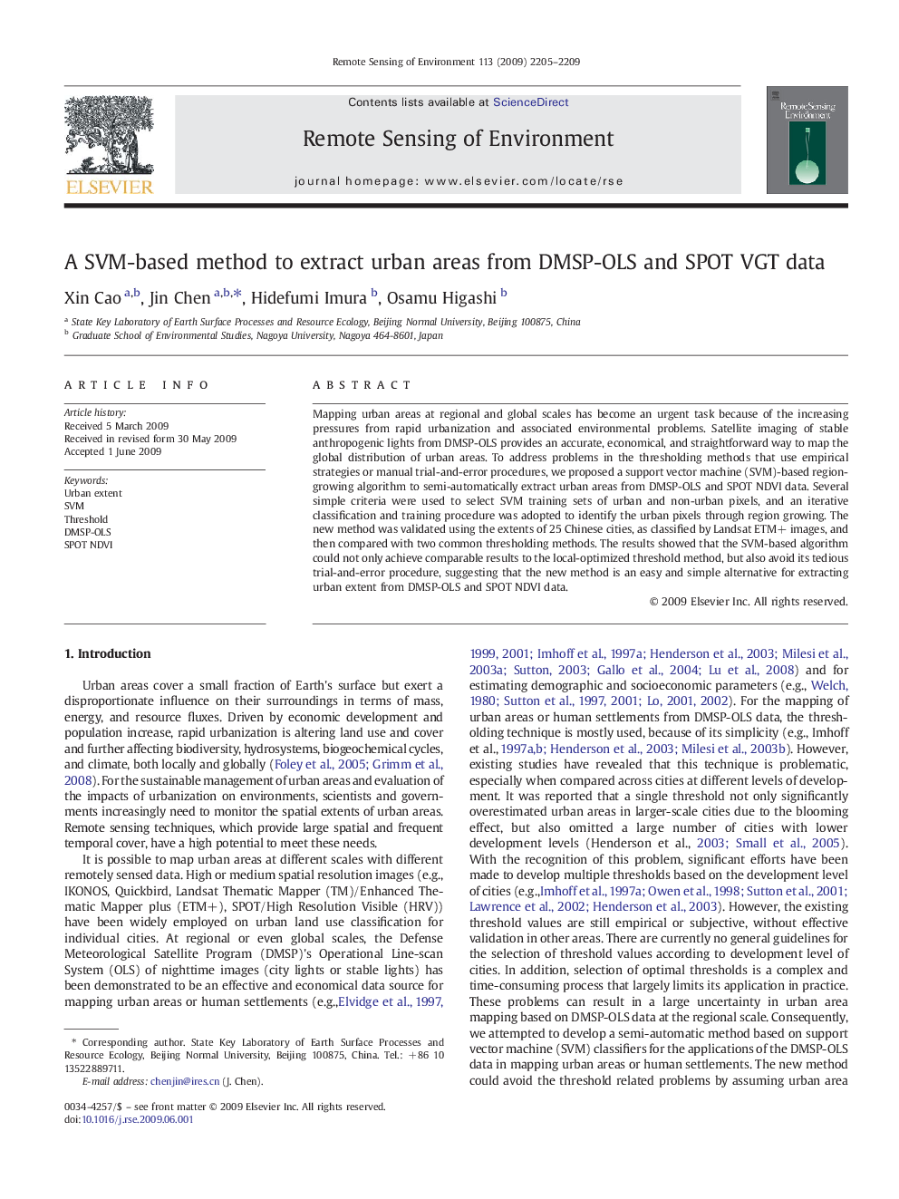 A SVM-based method to extract urban areas from DMSP-OLS and SPOT VGT data