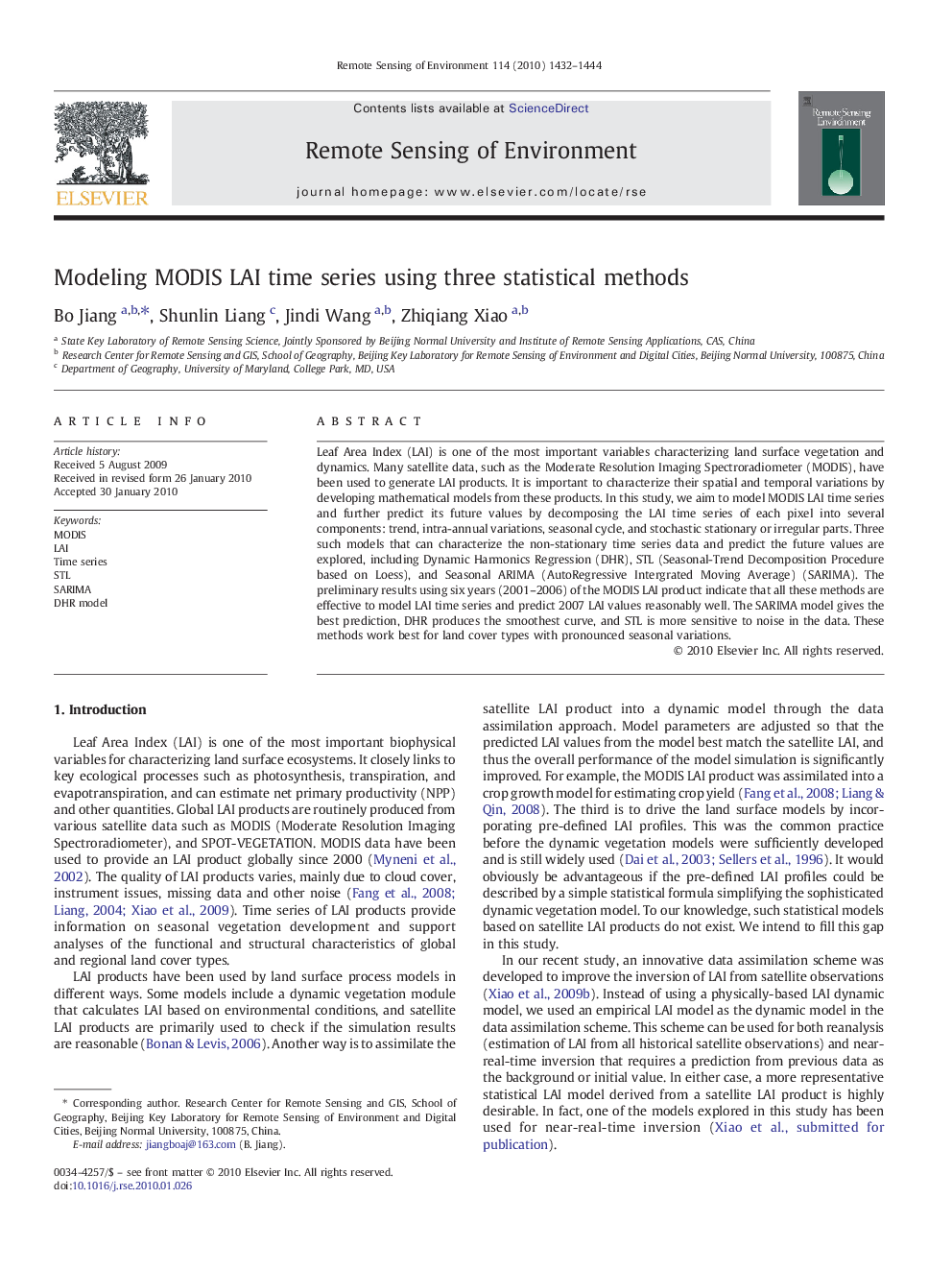 Modeling MODIS LAI time series using three statistical methods