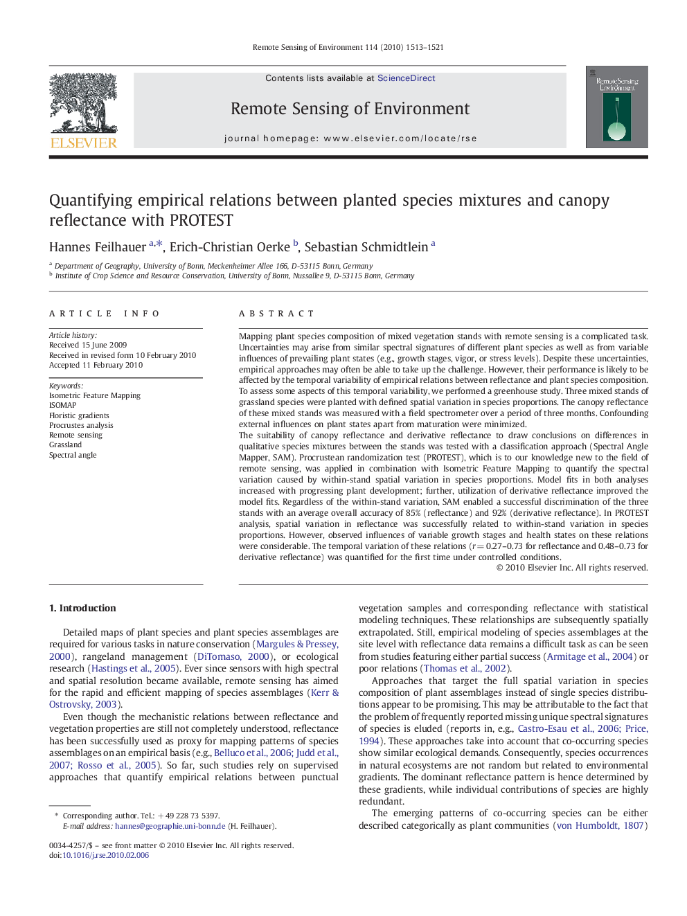 Quantifying empirical relations between planted species mixtures and canopy reflectance with PROTEST