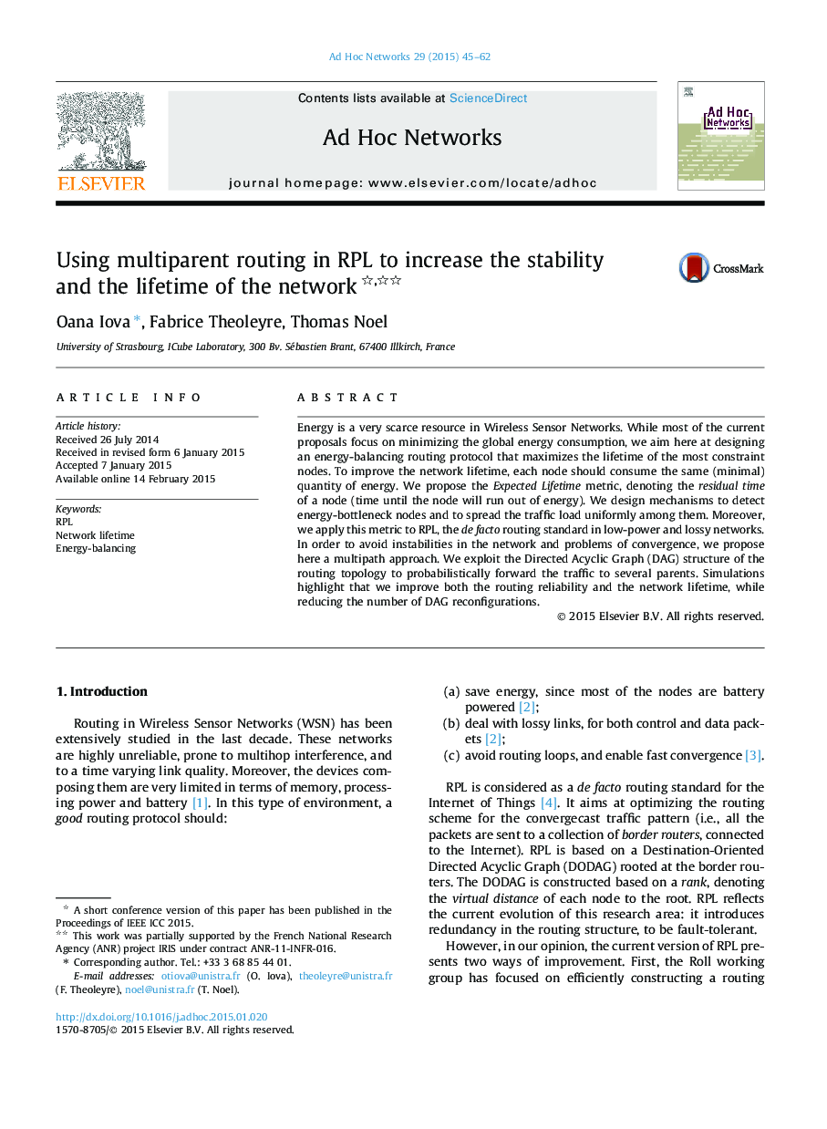 Using multiparent routing in RPL to increase the stability and the lifetime of the network 