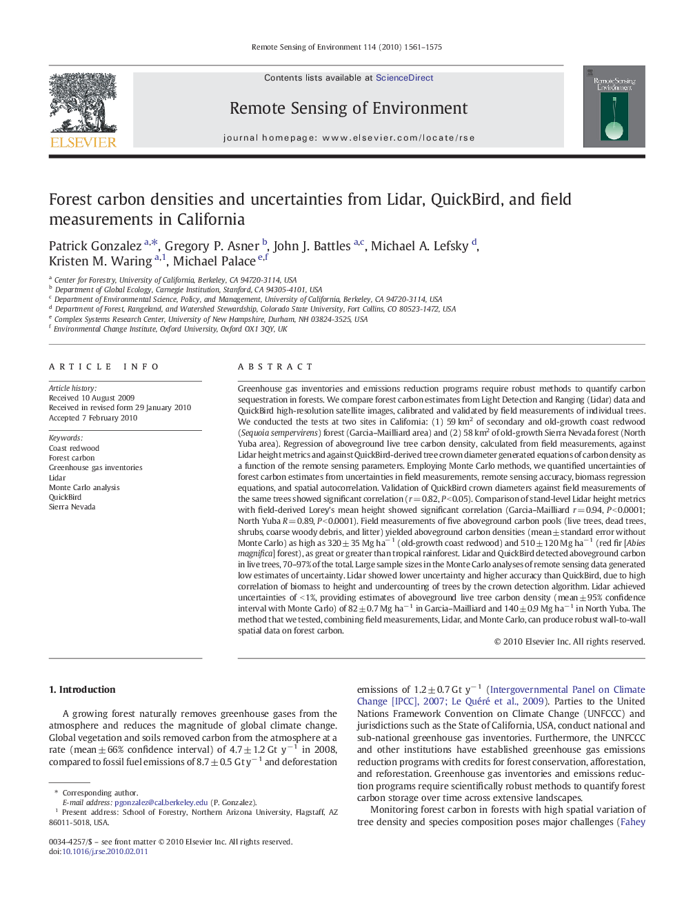 Forest carbon densities and uncertainties from Lidar, QuickBird, and field measurements in California