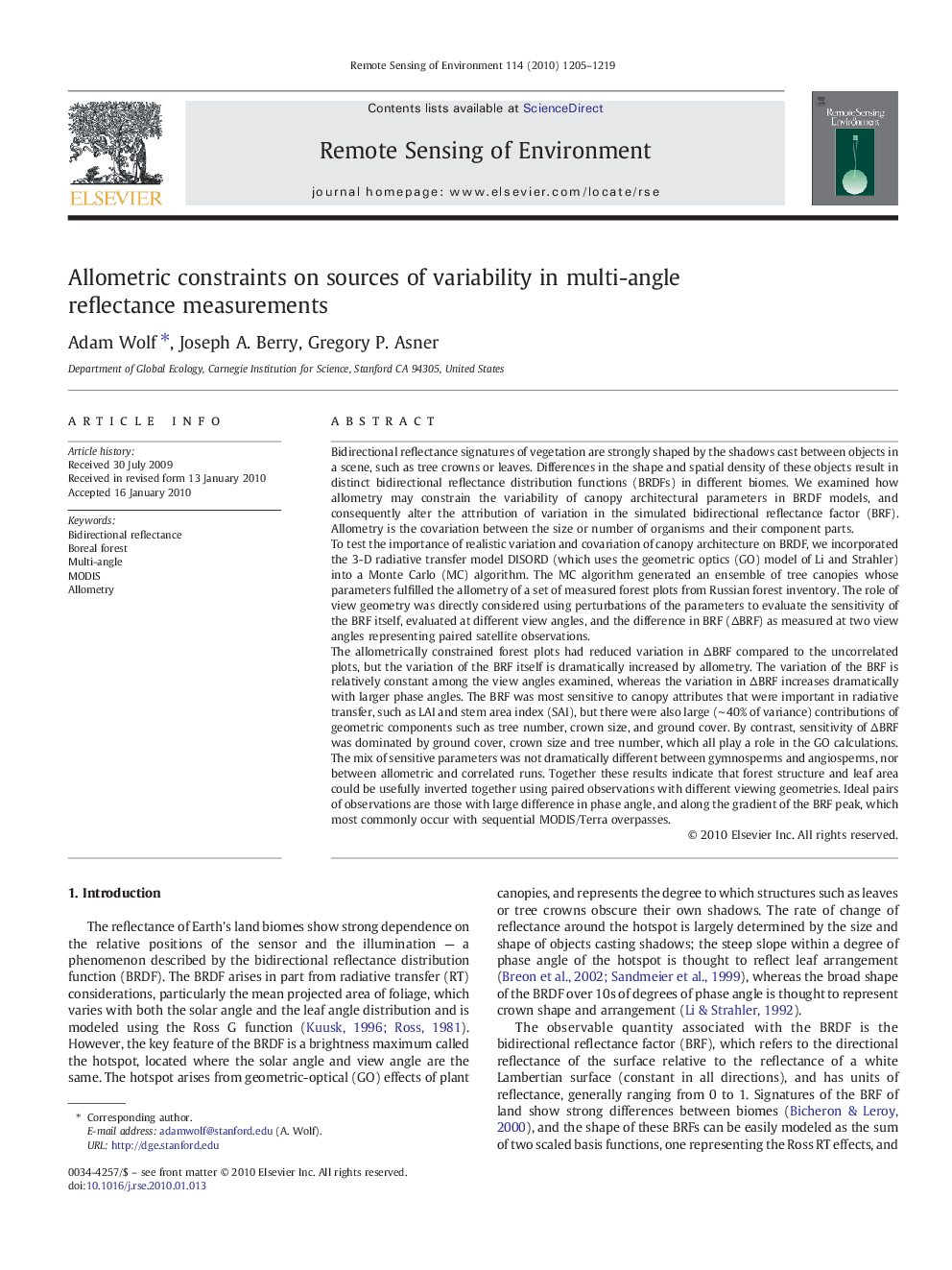 Allometric constraints on sources of variability in multi-angle reflectance measurements