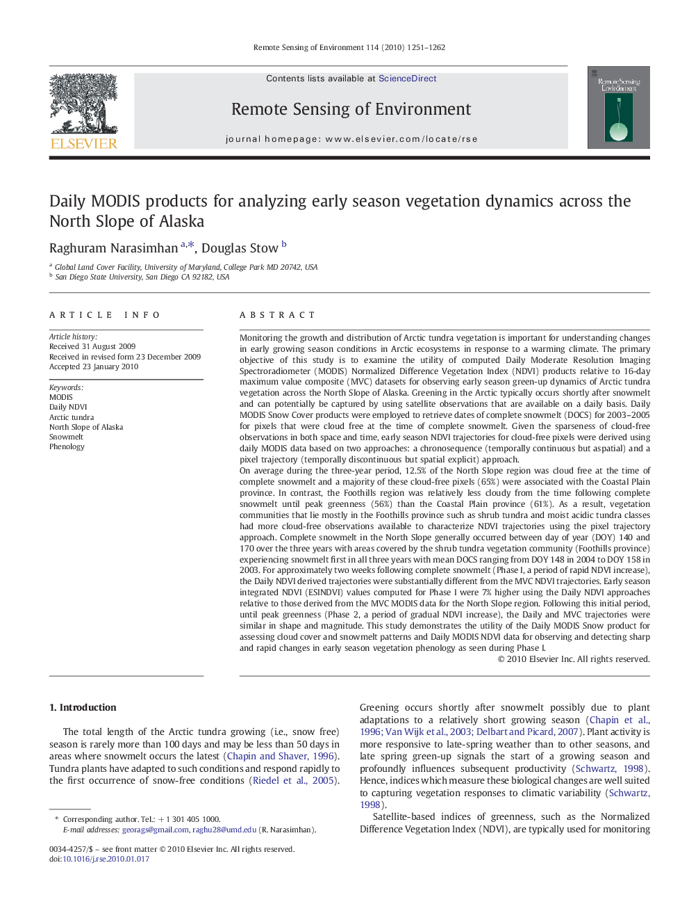 Daily MODIS products for analyzing early season vegetation dynamics across the North Slope of Alaska