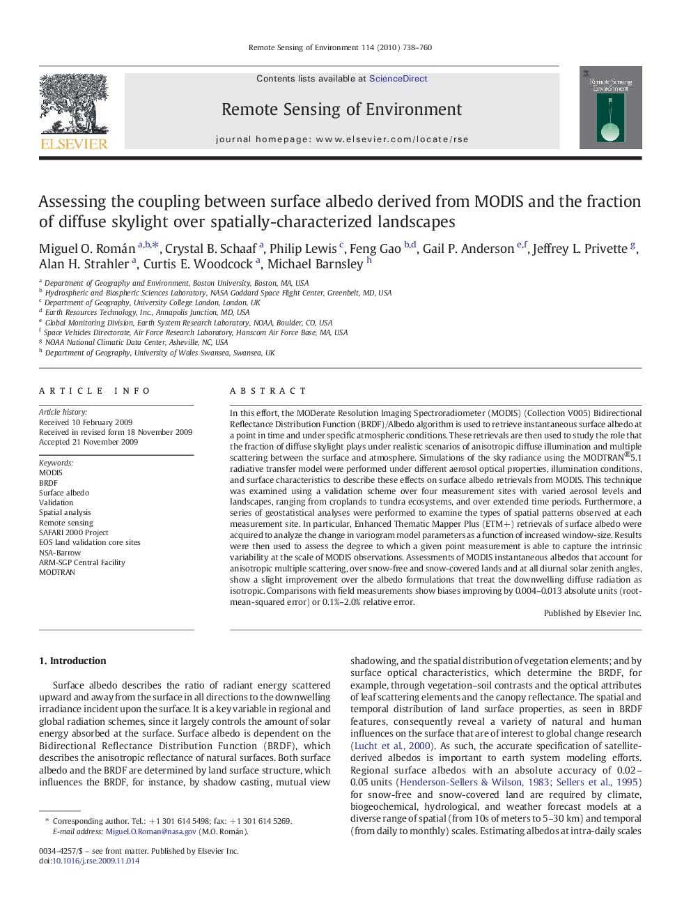 Assessing the coupling between surface albedo derived from MODIS and the fraction of diffuse skylight over spatially-characterized landscapes