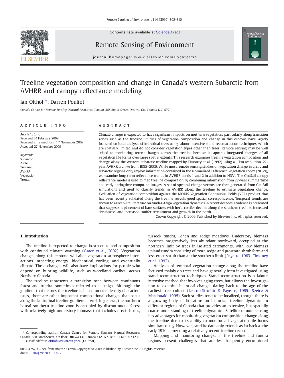 Treeline vegetation composition and change in Canada's western Subarctic from AVHRR and canopy reflectance modeling