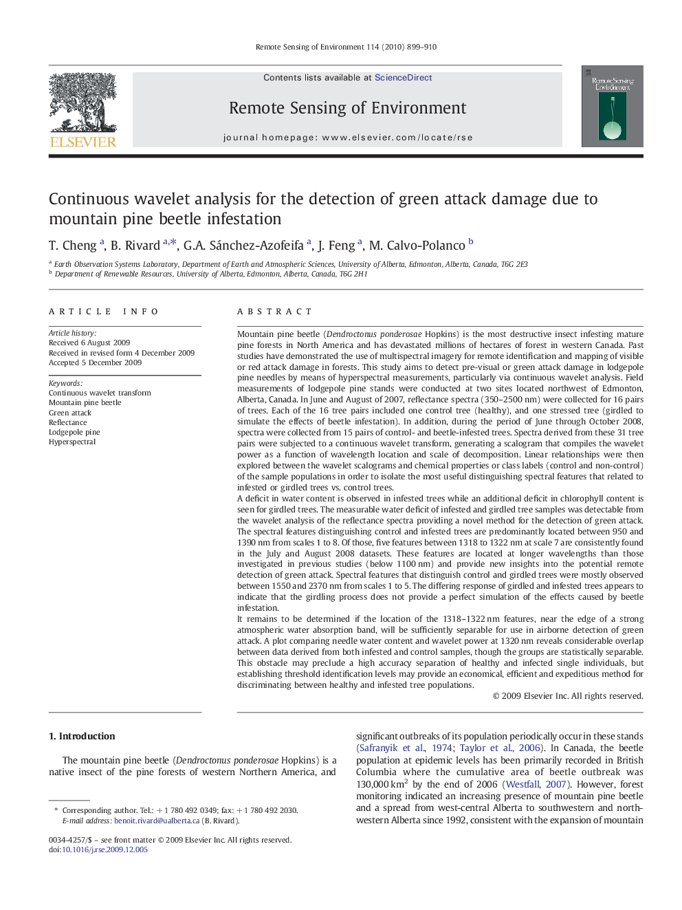 Continuous wavelet analysis for the detection of green attack damage due to mountain pine beetle infestation