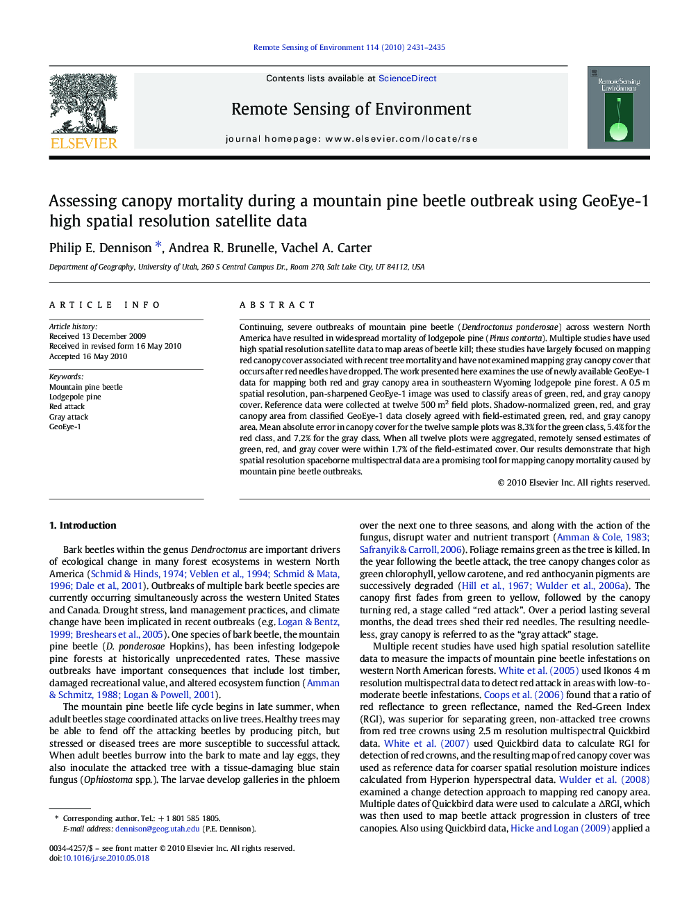 Assessing canopy mortality during a mountain pine beetle outbreak using GeoEye-1 high spatial resolution satellite data