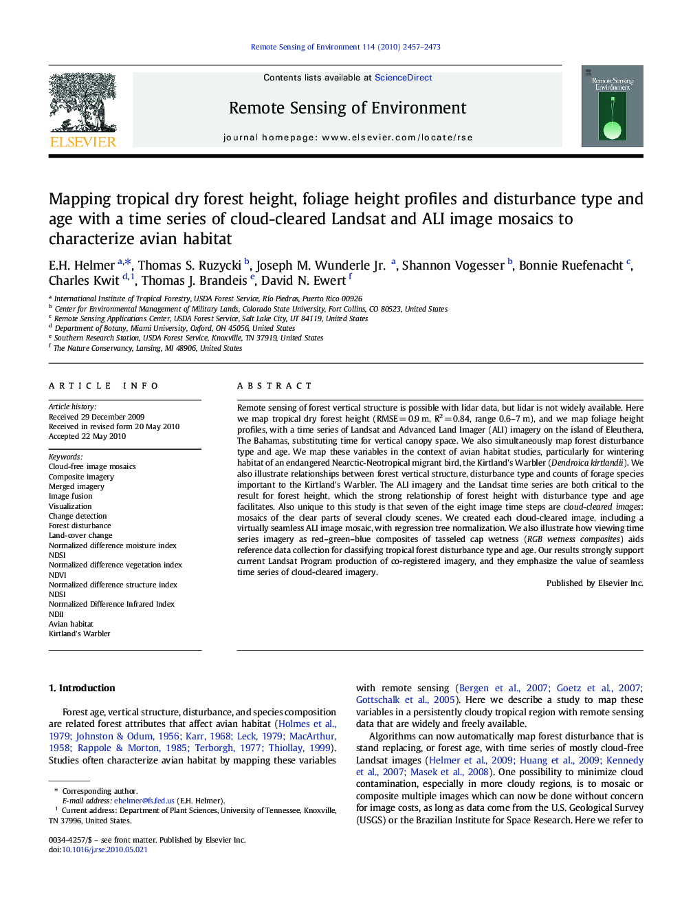 Mapping tropical dry forest height, foliage height profiles and disturbance type and age with a time series of cloud-cleared Landsat and ALI image mosaics to characterize avian habitat