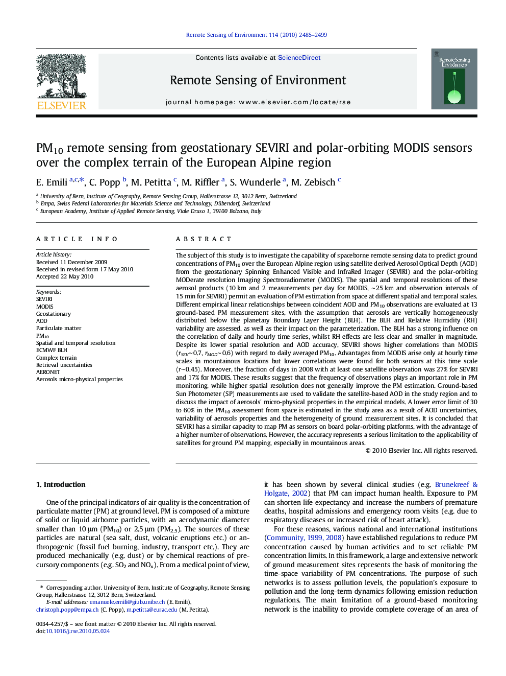 PM10 remote sensing from geostationary SEVIRI and polar-orbiting MODIS sensors over the complex terrain of the European Alpine region