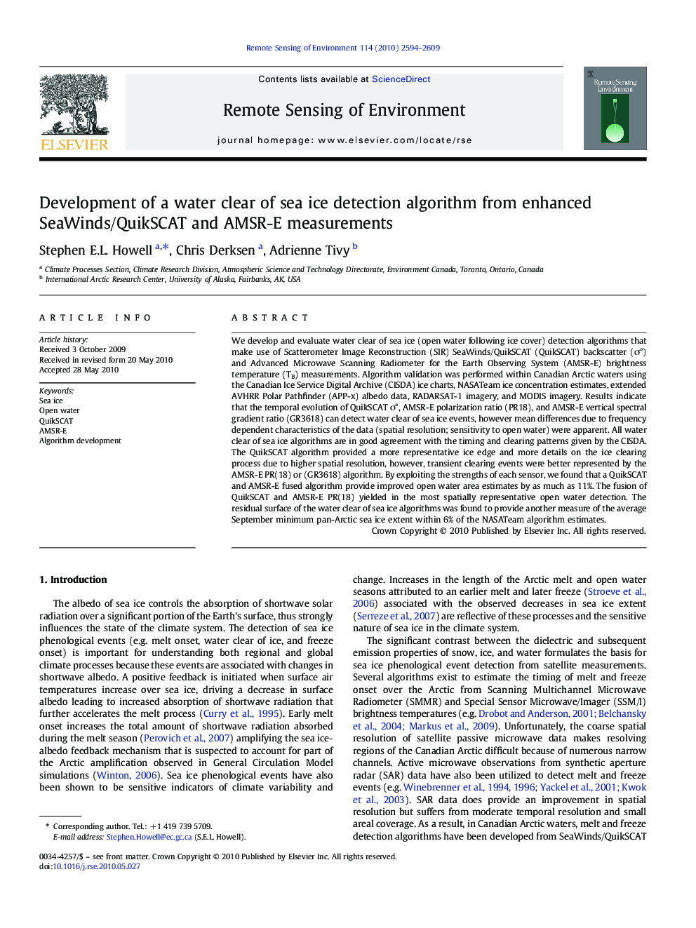 Development of a water clear of sea ice detection algorithm from enhanced SeaWinds/QuikSCAT and AMSR-E measurements