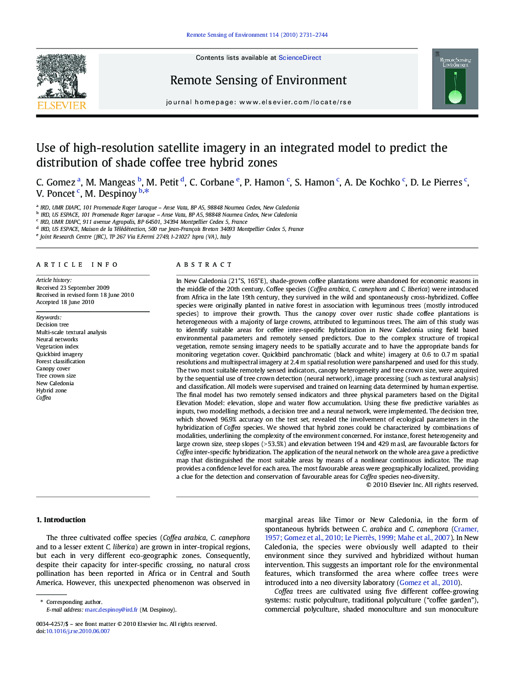 Use of high-resolution satellite imagery in an integrated model to predict the distribution of shade coffee tree hybrid zones