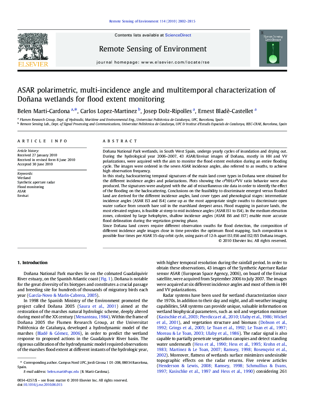 ASAR polarimetric, multi-incidence angle and multitemporal characterization of Doñana wetlands for flood extent monitoring