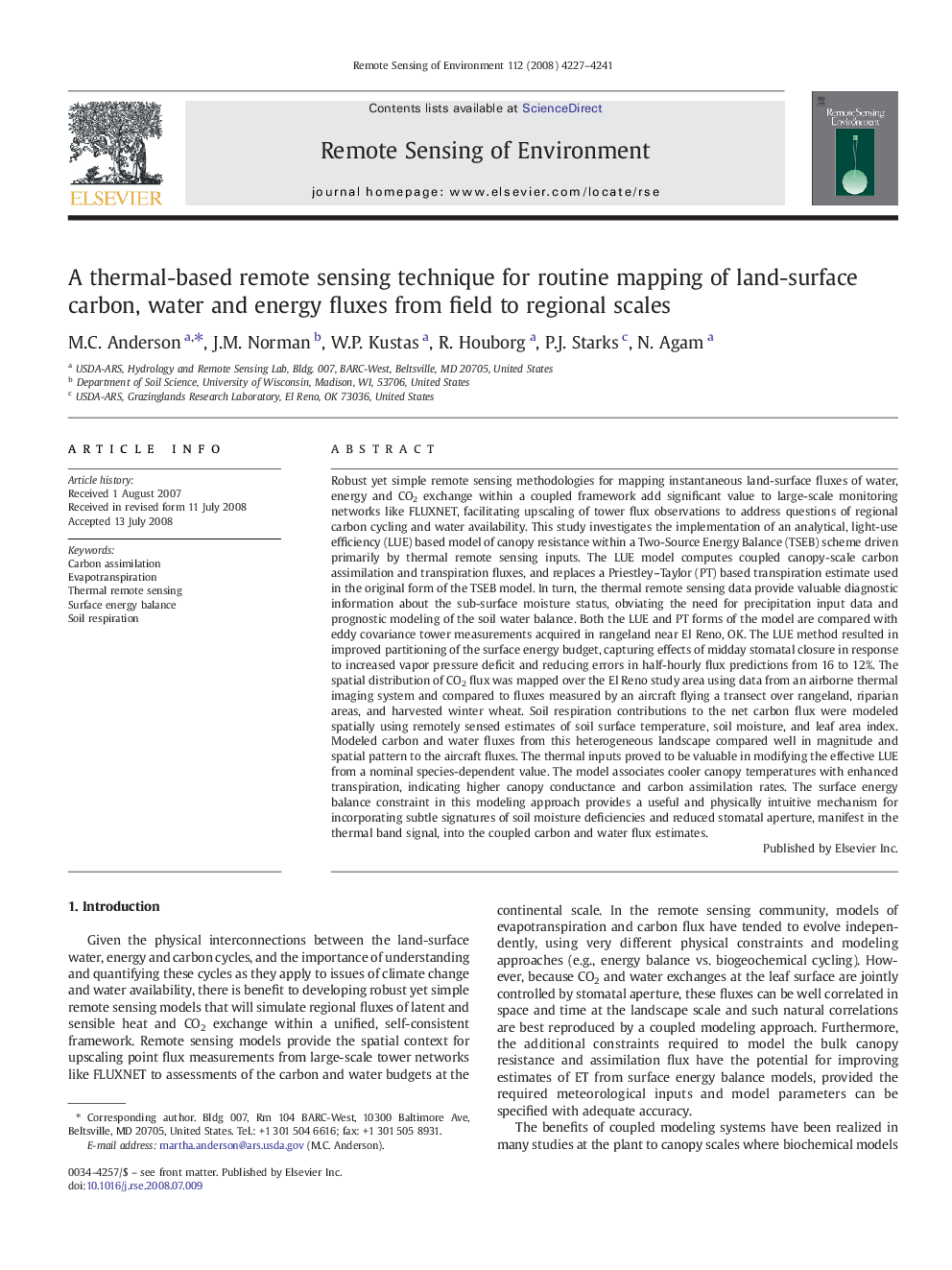 عکس صفحه اول مقاله: A thermal-based remote sensing technique for routine mapping of land-surface carbon, water and energy fluxes from field to regional scales A thermal-based remote sensing technique for routine mapping of land-surface carbon, water and energy fluxes from field to regional scales