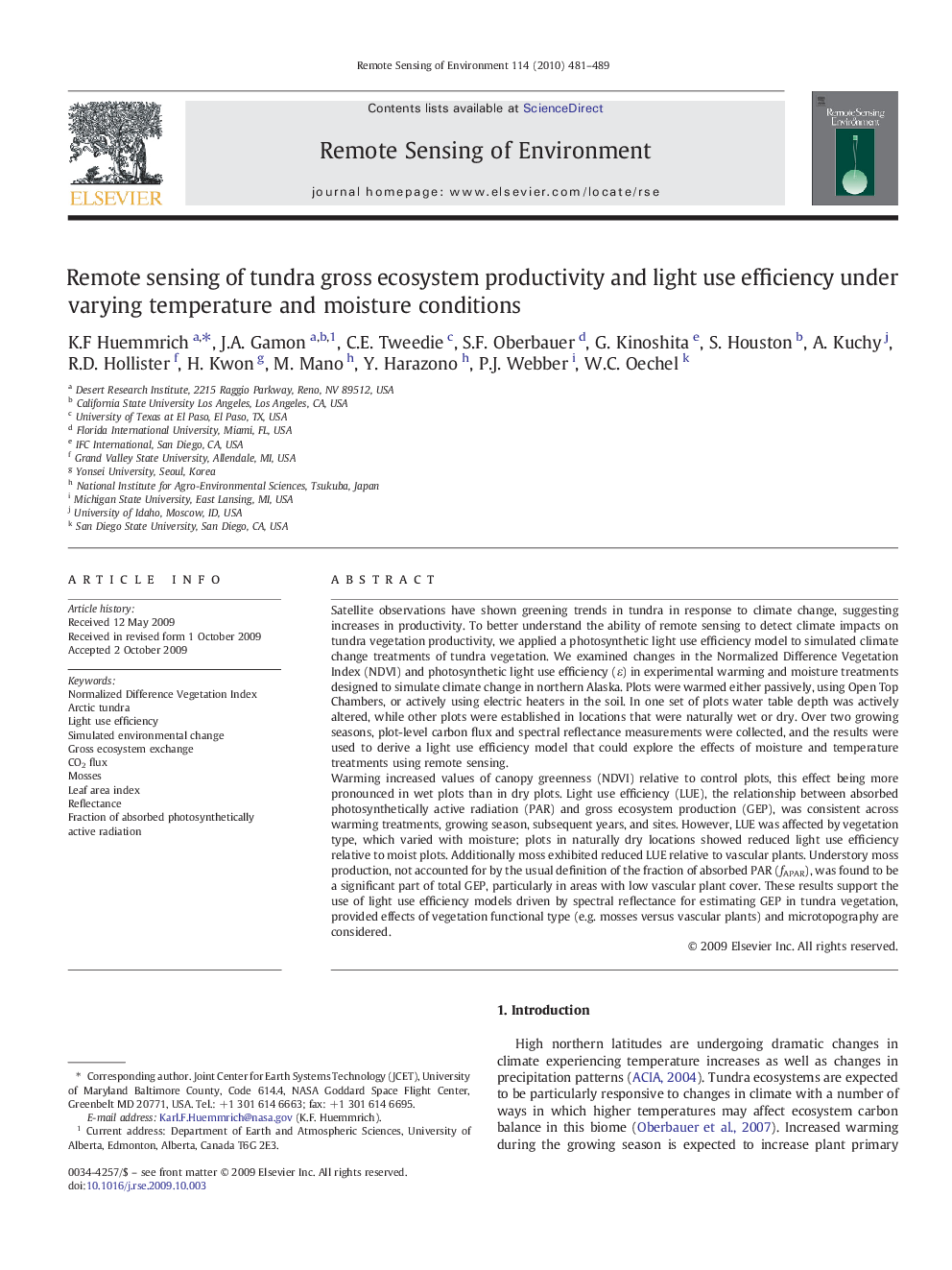 Remote sensing of tundra gross ecosystem productivity and light use efficiency under varying temperature and moisture conditions