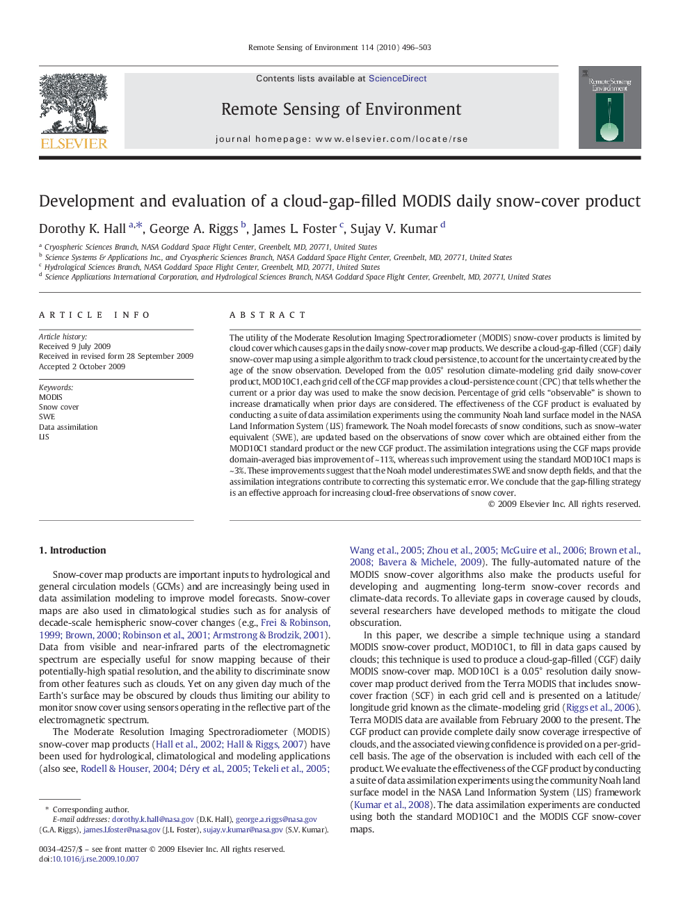 Development and evaluation of a cloud-gap-filled MODIS daily snow-cover product