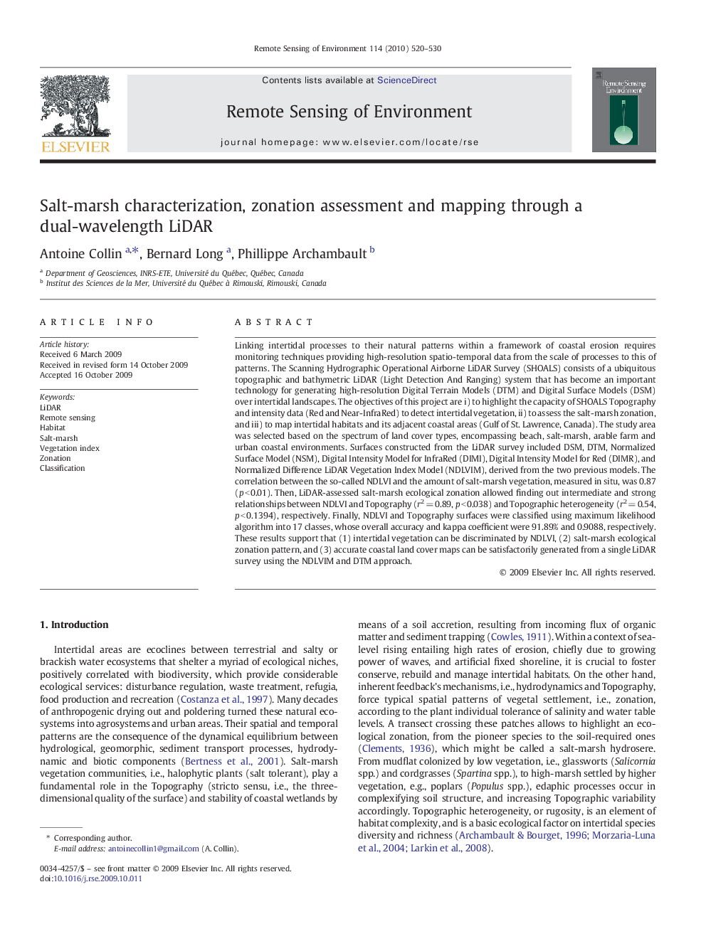 Salt-marsh characterization, zonation assessment and mapping through a dual-wavelength LiDAR