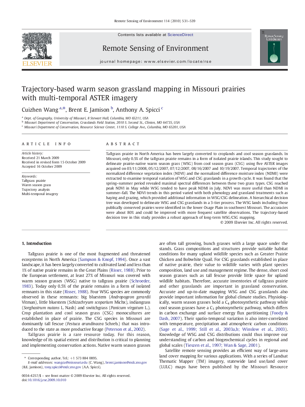 Trajectory-based warm season grassland mapping in Missouri prairies with multi-temporal ASTER imagery