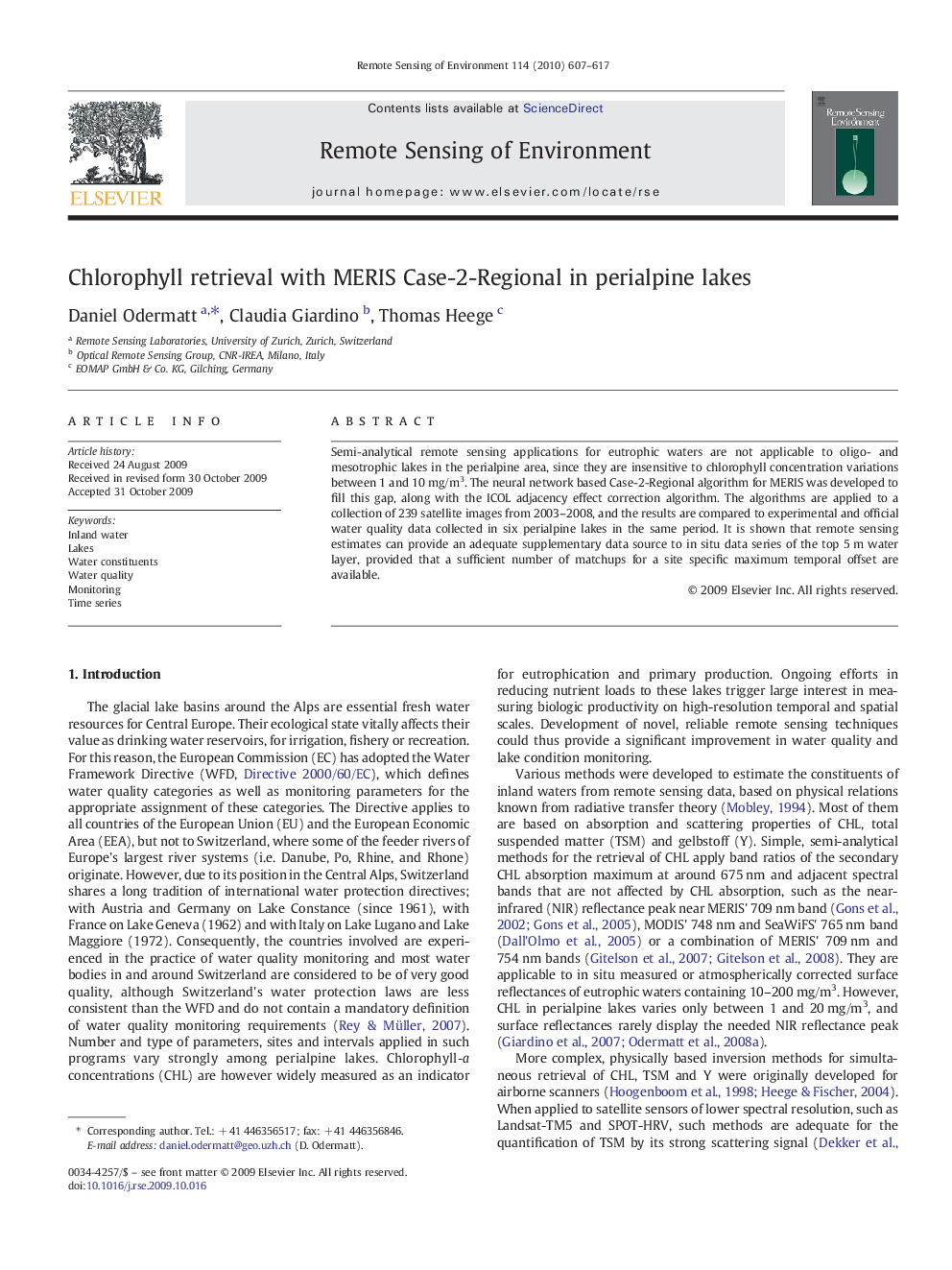 Chlorophyll retrieval with MERIS Case-2-Regional in perialpine lakes