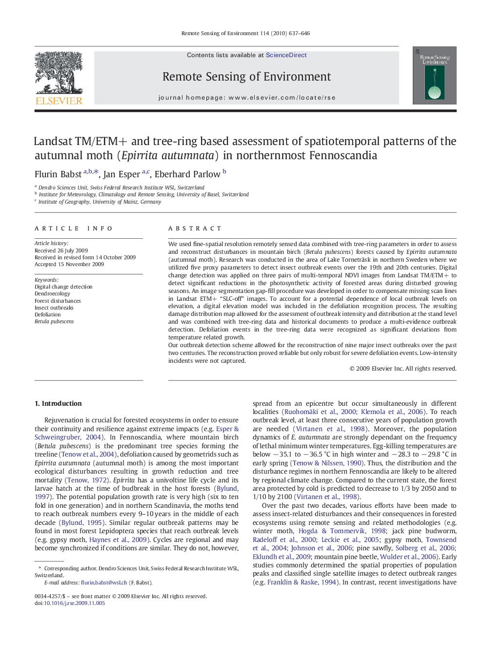 Landsat TM/ETM+ and tree-ring based assessment of spatiotemporal patterns of the autumnal moth (Epirrita autumnata) in northernmost Fennoscandia