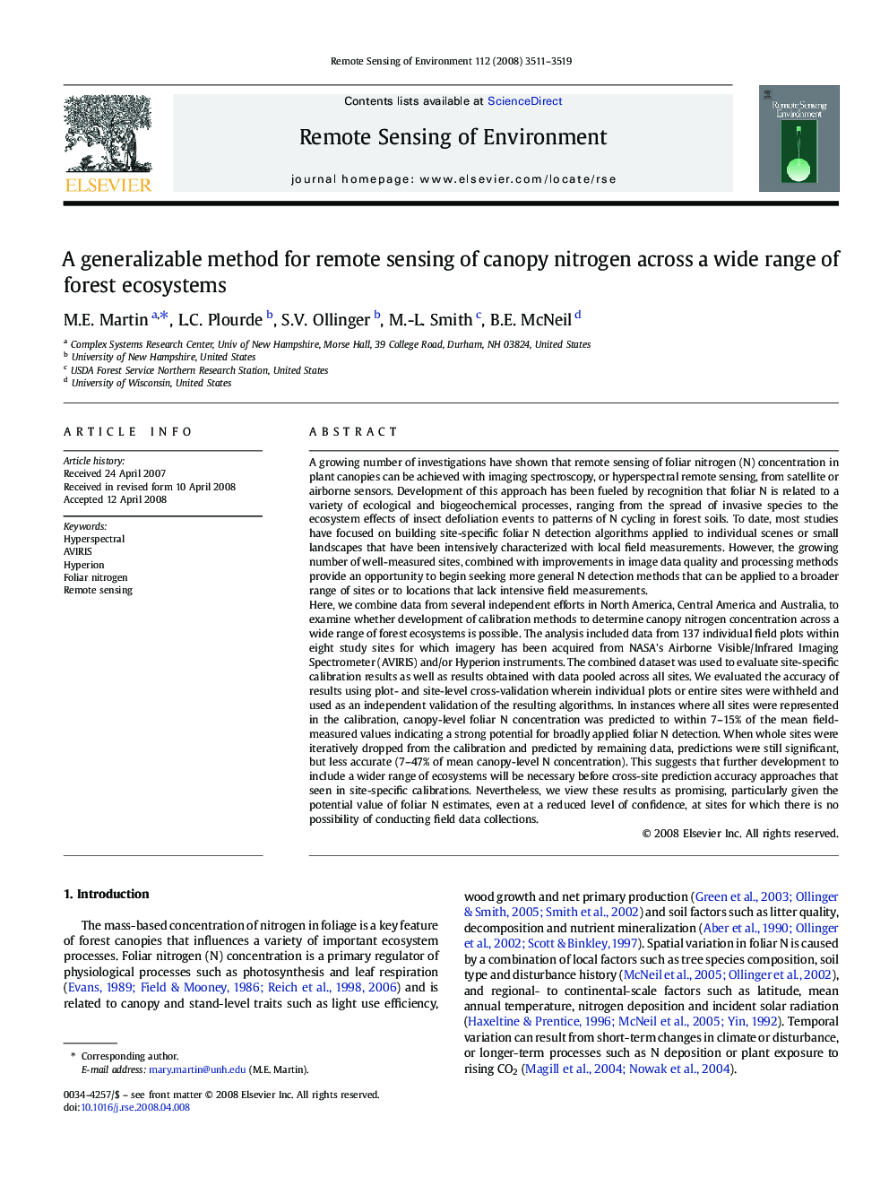 A generalizable method for remote sensing of canopy nitrogen across a wide range of forest ecosystems