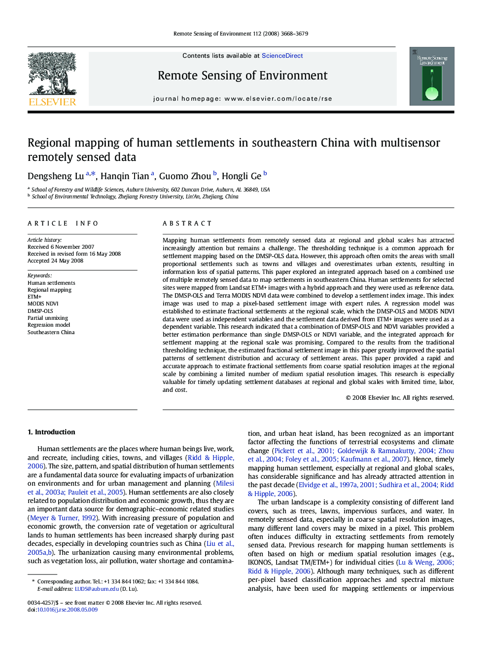 Regional mapping of human settlements in southeastern China with multisensor remotely sensed data